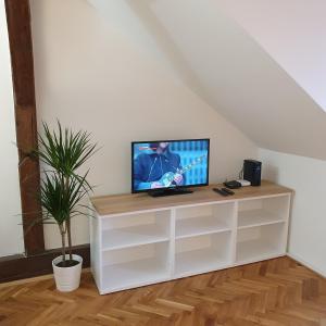 a tv sitting on a white cabinet in a room at Prague Castle View Apartment in Prague