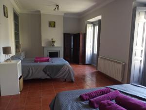 um quarto com duas camas com cobertores roxos em PME Rooms em Madrid