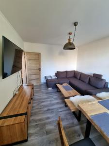 塔特蘭斯卡魯門尼卡的住宿－Apartmán Lomnický Štít，带沙发和木桌的客厅