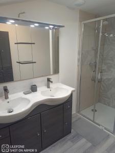 a bathroom with a sink and a shower at Charmante maison a la ferme in Bonnes