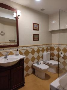 uma casa de banho com um WC, um lavatório e um espelho. em Kaixo Salegi Piso centro 2h-Salon-2wc-Parking-ESS02940 em Zarautz
