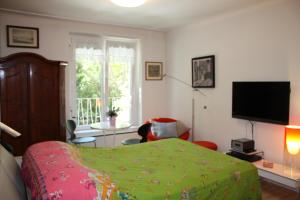 a bedroom with a bed and a flat screen tv at GoVienna - Charming Studio in Vienna