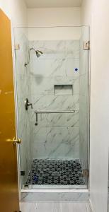 a bathroom with a shower with a glass door at Little Tokyo Hotel in Los Angeles