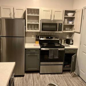 a kitchen with a stove and a microwave at An Amazing 2 bedroom 2 full Bath Apartment Unit with Desk and Rental Car Available in Houston