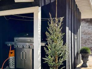 un arbre de Noël installé à côté d'un bâtiment avec cuisinière dans l'établissement 12 person holiday home in Saltum, à Saltum