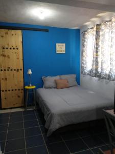 een slaapkamer met een bed en een blauwe muur bij Casa LUNA in Misiones de La Paz