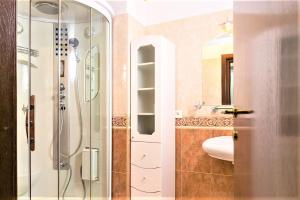 a bathroom with a shower and a sink at My Hotel Apartments in Bucharest