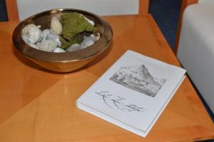 a bowl of rocks and a book on a table at Rooms Savinja in Laško