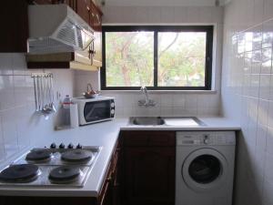 y cocina con fogones y lavadora. en Apartment Vila Rosa, en Portimão