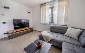 a living room with a gray couch and a television at Villa Baden in Malinska