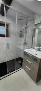 a bathroom with a shower and a sink and a mirror at Casa Rosario in Mieres +17 photos