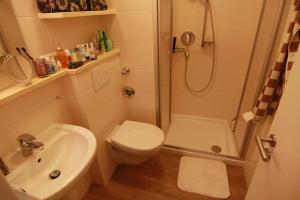 een badkamer met een toilet, een douche en een wastafel bij Vogelsand 324 in Cuxhaven