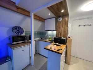 uma pequena cozinha com um balcão e um micro-ondas em CosySmartStudio em Montigny-le-Bretonneux
