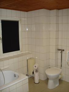 ein Badezimmer mit einem WC, einer Badewanne und einem Waschbecken in der Unterkunft Appartement 25 qm mit Bad an der Mosel - Nähe Koblenz in Dieblich
