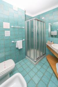 a bathroom with a shower and a toilet and a sink at Hotel Gran Baita in Sauze dʼOulx