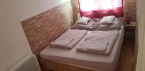 2 łóżka pojedyncze w niewielkim pokoju z oknem w obiekcie Tavasz apartman w mieście Balatonfenyves