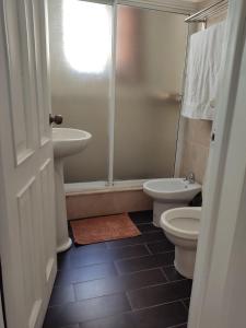 a bathroom with a sink and a toilet and a shower at Las Palmeras RIKI R in Boca Chica