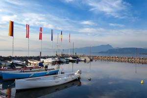 un grupo de barcos atracados en el agua cerca de un muelle en Appartamento Anagiulia, en Bardolino
