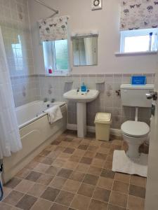 a bathroom with a sink and a toilet and a tub and a sink at Woodpeckers Cottage in Scarborough