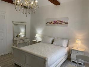 1 dormitorio con cama, espejo y lámpara de araña en Maison du Cloitre Couvent des Carmes, en Narbona