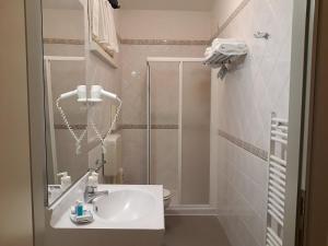 y baño con lavabo y ducha. en Hotel Locanda del Passo Pomposa, en Pomposa