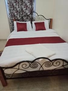 - une chambre dotée d'un grand lit avec des oreillers rouges et blancs dans l'établissement Rubistones, à Naivasha