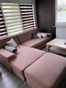 ein Wohnzimmer mit einem Sofa und 2 Fenstern in der Unterkunft Ferienhaus am Radweg in Brotterode