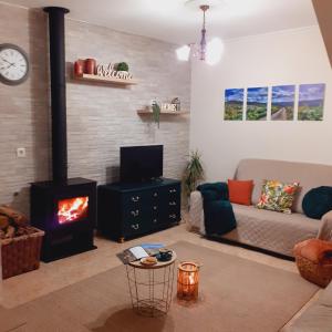 a living room with a couch and a fireplace at Pitões NatureHouse in Pitões das Júnias