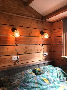 een slaapkamer met twee lampen op een houten muur bij De Túnfûgel (tiny house) in Jonkersland