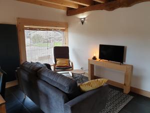 a living room with a couch and a television at Les Vergers d'Epona "Fougerolles Haute-Saône" in Fougerolles