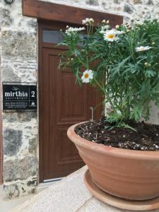 una olla de flores sentada frente a una puerta en Mirthia Apartments en Plakias