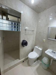 y baño con ducha, aseo y lavamanos. en Hotel California en Tuxpan de Rodríguez Cano