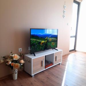 una sala de estar con TV de pantalla plana en un armario en Апартамент Лидия en Chepelare