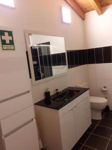 a bathroom with a sink and a toilet and a mirror at Casa da Travessa in Santa Cruz das Flores