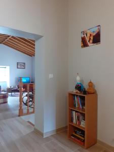 ein Wohnzimmer mit einem Bücherregal mit Büchern in der Unterkunft Casa da Travessa in Santa Cruz das Flores