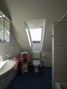 a bathroom with a toilet and a sink and a window at Ferienhaus Ostseeküste 16 in Glücksburg
