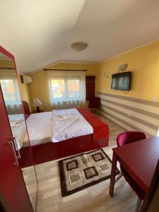 a bedroom with a bed and a tv on the wall at Casa Soare check-in independent in Sighişoara