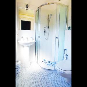 ein Bad mit einer Dusche, einem WC und einem Waschbecken in der Unterkunft La Casa di Elvira in Giardini-Naxos
