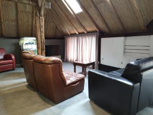 een woonkamer met 2 leren stoelen en een bank bij Juweeltje van vakantiewoning op prachtig landgoed in Nieuwleusen