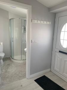 uma casa de banho com um chuveiro e uma porta de vidro em The Honeycomb em Ballyshannon