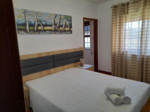 1 dormitorio con 1 cama con 2 toallas en Moradia Rodrigues, en Caminha