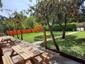 a wooden bench sitting in the middle of a park at Metro Vilar Suites & Villas in Vilar do Pinheiro