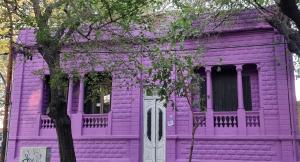 una casa púrpura con un árbol delante en Windmill Hostel en Mendoza