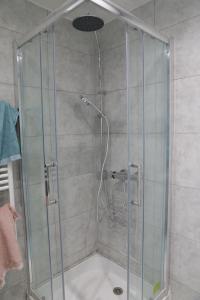 a shower with a glass enclosure in a bathroom at grand appart proximité vieux port et gare in Marseille