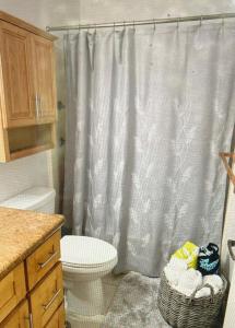 a bathroom with a white shower curtain and a toilet at Cozy & Peaceful North Shore Oasis at Turtle Bay in Kahuku