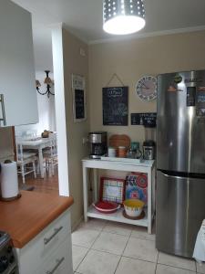 eine Küche mit einem Kühlschrank aus Edelstahl und einem Tisch in der Unterkunft Prairie's House in Temuco
