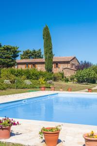 a swimming pool with potted plants in front of a house at Agriturismo Collosodo in Monticchiello