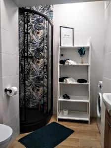 Un baño con ducha, inodoro y lavabo. en EvitaDeLux Słowackiego 50mGaleria Katowice, en Katowice