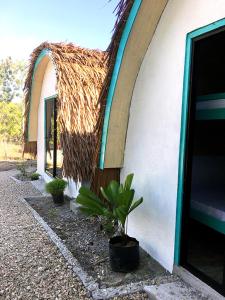 een gebouw met een rieten dak en planten ervoor bij Love Shack Hostel & Cafe in San Juan