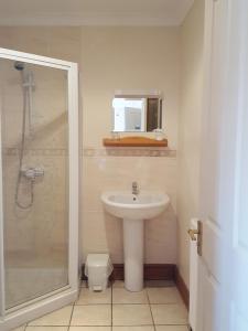 a bathroom with a sink and a shower and a mirror at Byerley House in Newmarket